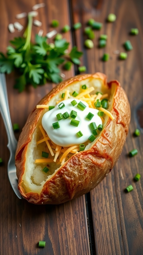 Air Fryer Baked Potato Recipe A baked potato with sour cream, cheese, and chives on a wooden table.